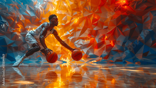 High-Energy Athlete Dribbling: Bold Low-Poly Basketball Art