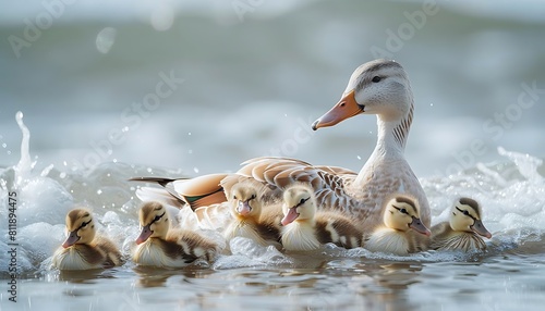 Mallard duck and ducklings swimming in the water on the beach