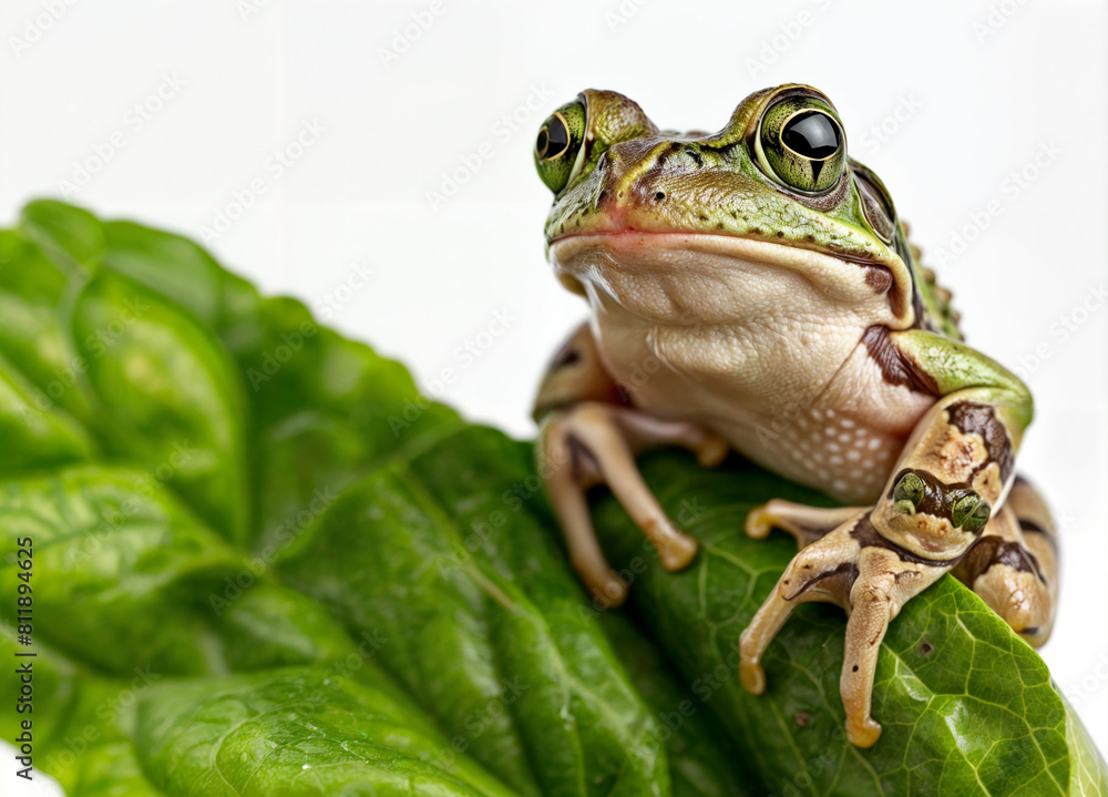Obraz premium Generate an image of a cute frog sitting on a leaf against a white background.