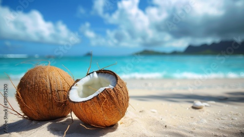Coconuts on a sandy beach with one open, revealing fresh coconut water, against a turquoise sea backdrop. photo