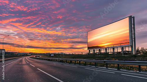Large roadside billboard beside an empty highway at twilight, with a stunning sunset backdrop. © Shayan