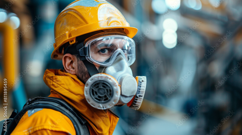 A focused industrial worker wearing a respirator and safety gear inspects machinery in a busy factory. A focused industrial worker wearing a respirator and safety gear inspects machinery in a busy factory.