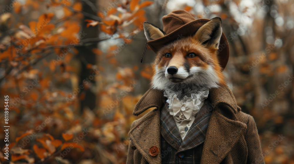 Elegance and mystery as a fox in Victorian attire wanders through an enchanted forest. Elegance and mystery as a fox in Victorian attire wanders through an enchanted forest.