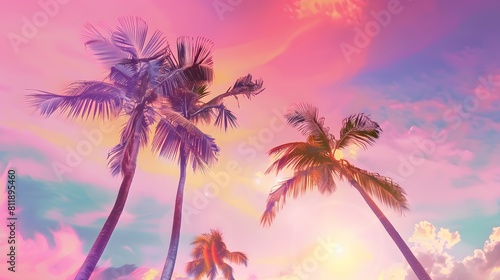 Palm tree and sunset motifs against an electric sky