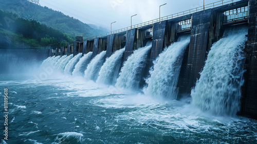 Dynamic hydroelectric dam symbolizing renewable energy with water cascading down.