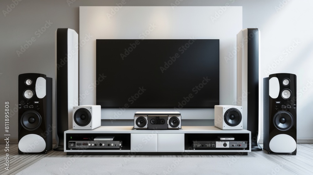 Obraz premium The ultimate home theater experience. With a state-of-the-art 4K TV, surround sound system, and comfortable seating, you'll feel like you're right in the middle of the action.