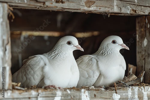 White pegions are adeptly spawning while seated together over the wooden structures dovecote's platforms lovely doves are waiting and space, Generative AI. photo