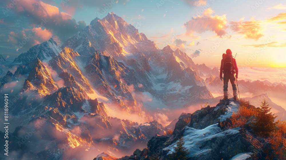 Naklejka premium A hiker stands on a ridge at sunrise