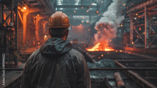 A man in a hard hat looking at a steel mill