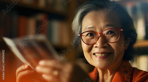 Nostalgic Elderly Woman Gazing at Old Photos with a Gentle Smile