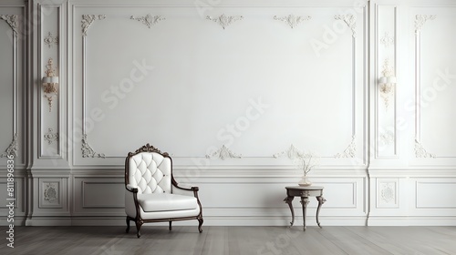 ornate white paneled room with tufted white chair and side table photo