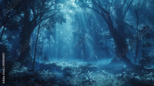 Glowing trees and mystical fog in an enchanting forest with mythical creatures.