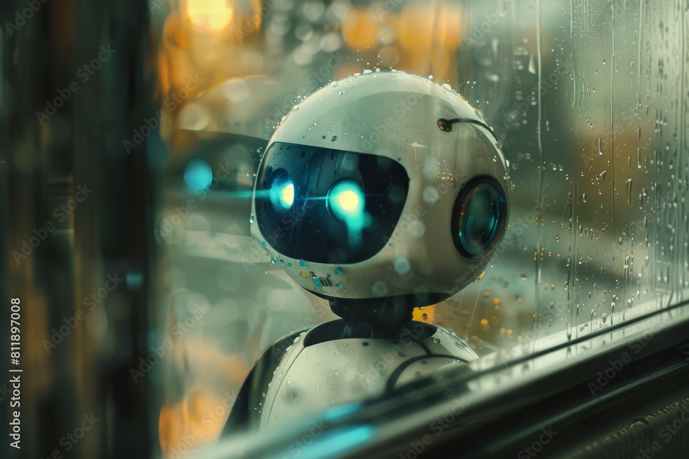 portrait of cute ai robot looking through the rainy window portrait of cute ai robot looking through the rainy window
