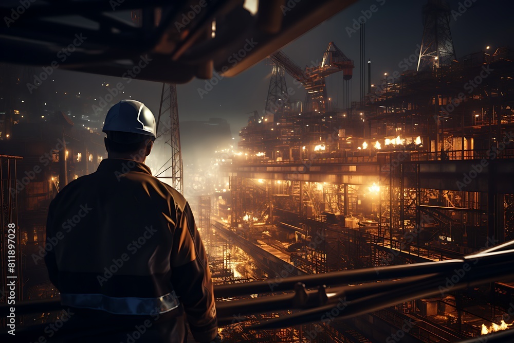 Industrial worker standing in front of industrial construction site at night. Industrial worker standing in front of industrial construction site at night.