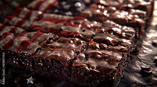 Homemade chocolate brownies with American flag on a wooden background. photo
