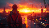 Sunset Over City: Cinematic Still of Workers on Scaffolding