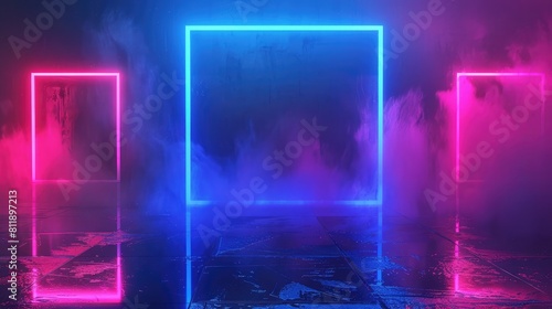 a neon sign in a dark room with smoke coming out of it,Abstract blue and red glowing neon light square in empty concrete room with shiny reflective floor  © Sana