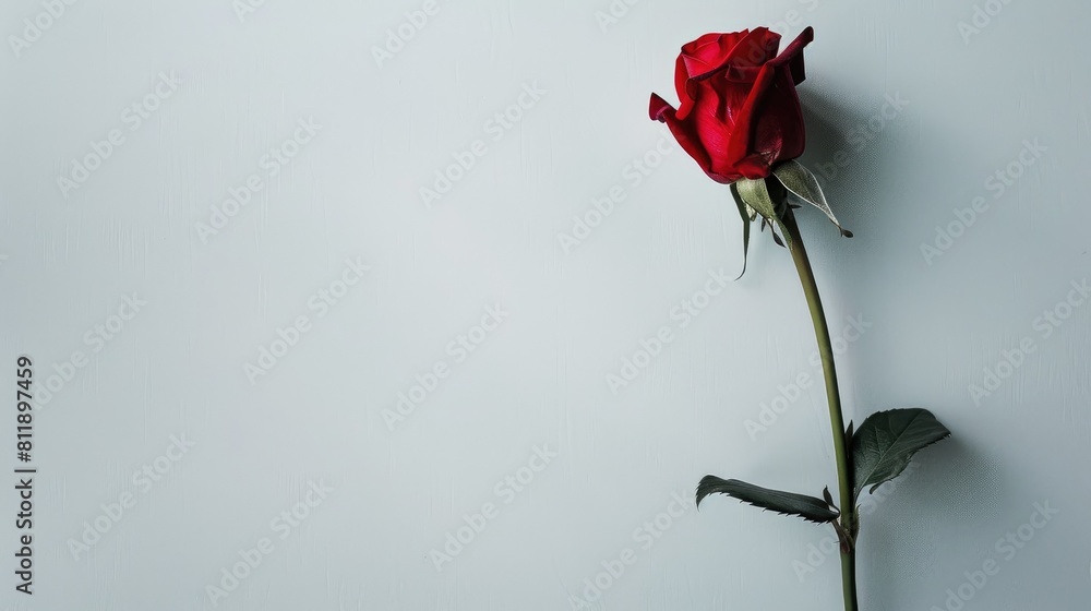 Obraz premium A single red rose bud set against a white backdrop