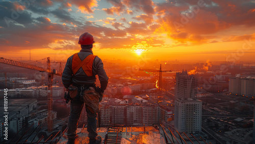 Urban Skyline at Sunset: Workers on Scaffolding in Movie Still
