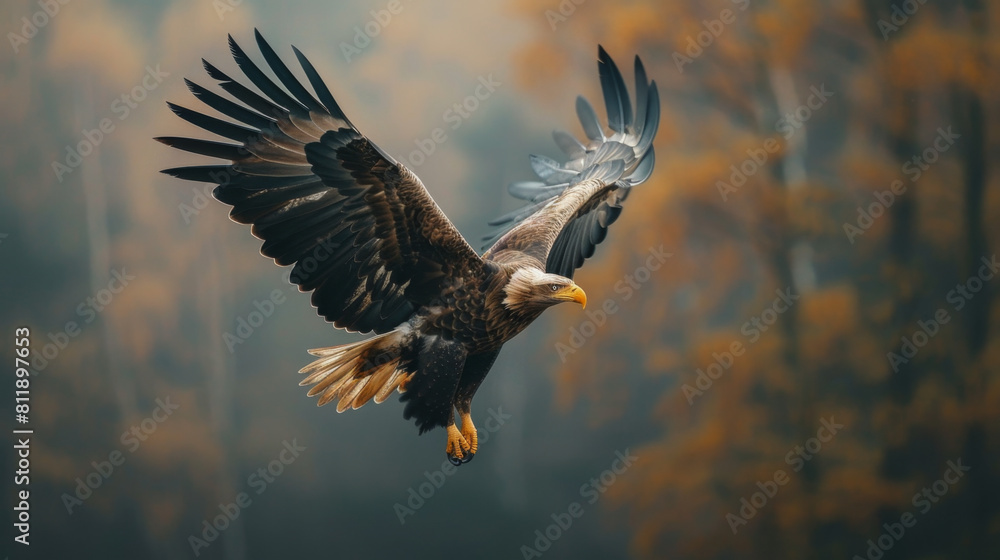 Obraz premium Slow motion of an eagle descending gracefully towards prey with wings spread wide.