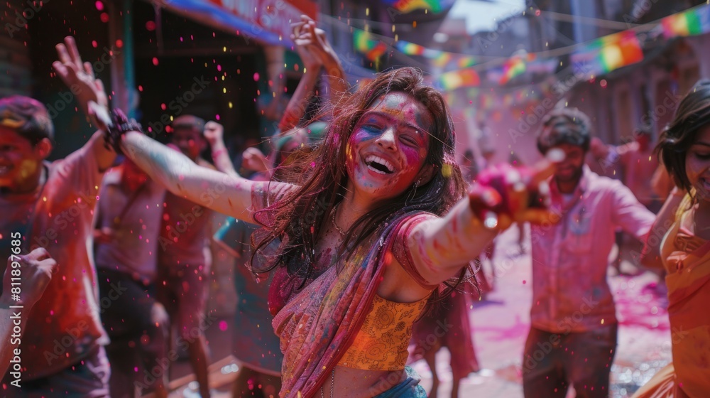 Young people celebrate Holi with joyful dancing and laughter