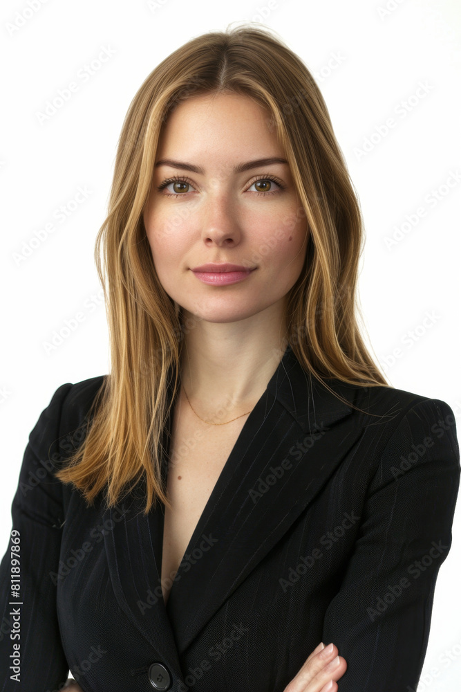 Portrait of a female businesswoman with straight hair on a blur city street background. Portrait of a female businesswoman with straight hair on a blur city street background.