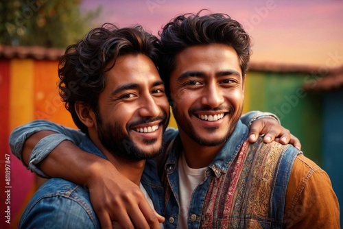 Two men friends, male multi ethnic diverse buddies hugging and smiling
