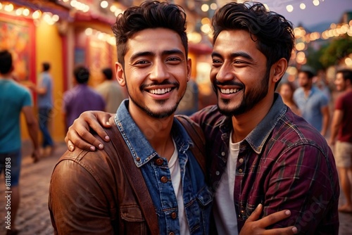 Two men friends  male multi ethnic diverse buddies hugging and smiling