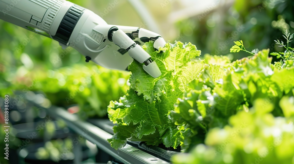 Smart farming agricultural technology Robotic arm harvesting hydroponic lettuce in a greenhouse Smart farming agricultural technology Robotic arm harvesting hydroponic lettuce in a greenhouse