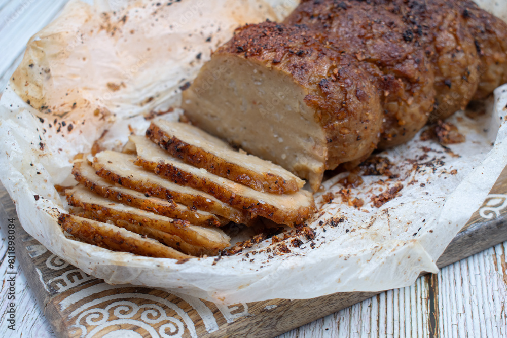 Plant based meat alternative- seitan made of vital wheat gluten. Seasoned, air fried. Plant based meat alternative- seitan made of vital wheat gluten. Seasoned, air fried.