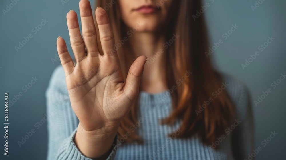 A woman s hand gesture signaling to stop violence and abuse inspired by the concept of International Human Rights or Refugee Day A woman s hand gesture signaling to stop violence and abuse inspired by the concept of International Human Rights or Refugee Day