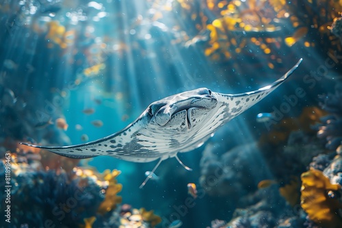 A exquisite underwater scene may be seen as a gigantic stingray swims blue over the sandy seabed lovely fresh water sun radiant and space, Generative AI.