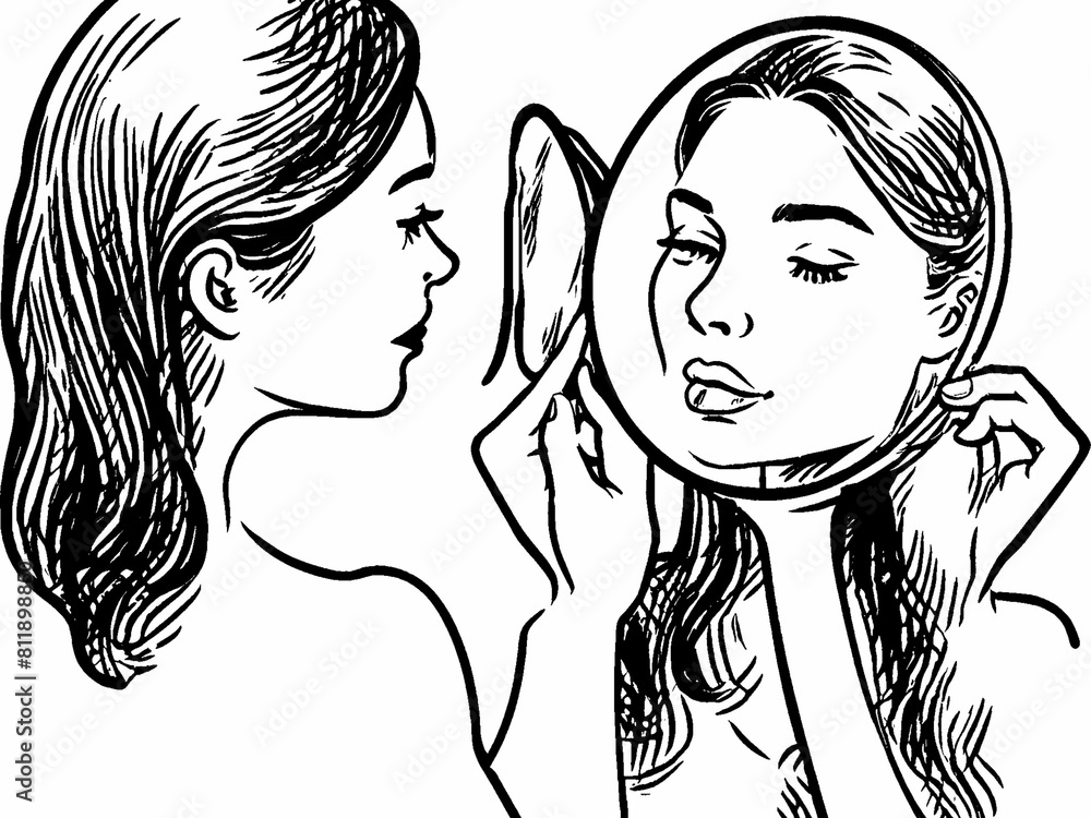 Woman looking face in mirror on white background Woman looking face in mirror on white background