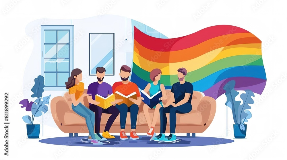 A group of diverse people are sitting on a couch in front of a rainbow flag. They are all reading books. A group of diverse people are sitting on a couch in front of a rainbow flag. They are all reading books.
