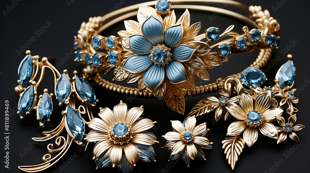 Fototapeta premium Precious Metal Engraving: Intricate floral metalwork details with coloured enamel on dark background.