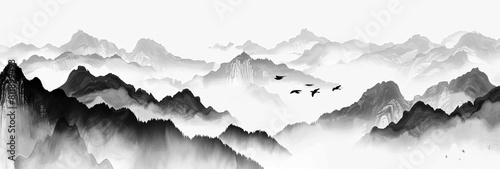 Misty Mountains with Flying Birds in Chinese Ink Painting Style © ZY