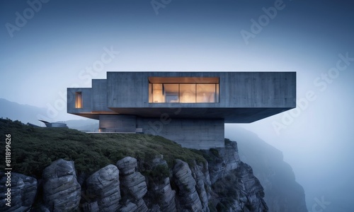 modern house is placed on top of a rocky cliff in the fog. The house has large windows and a flat roof. © petrovk