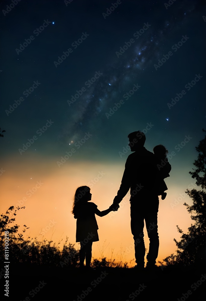 parent and child.silhouette of man holding hands with his little daughter, looking and pointing at the clear night sky