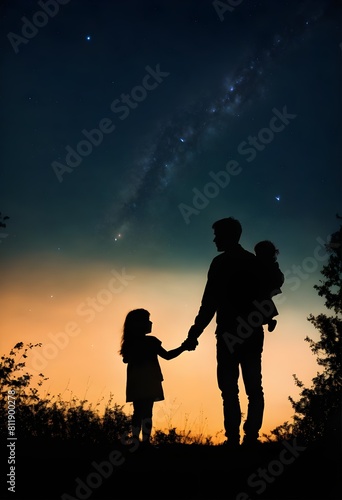 parent and child.silhouette of man holding hands with his little daughter  looking and pointing at the clear night sky