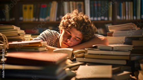 A Gen Z student sleeping at their desk, surrounded by books and papers,

 photo