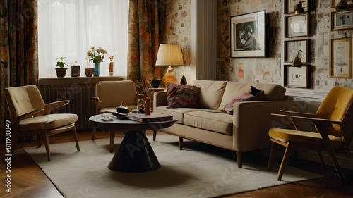 Beige home living room interior with eating table and relax zone, vintage-inspired decor with retro furniture pieces