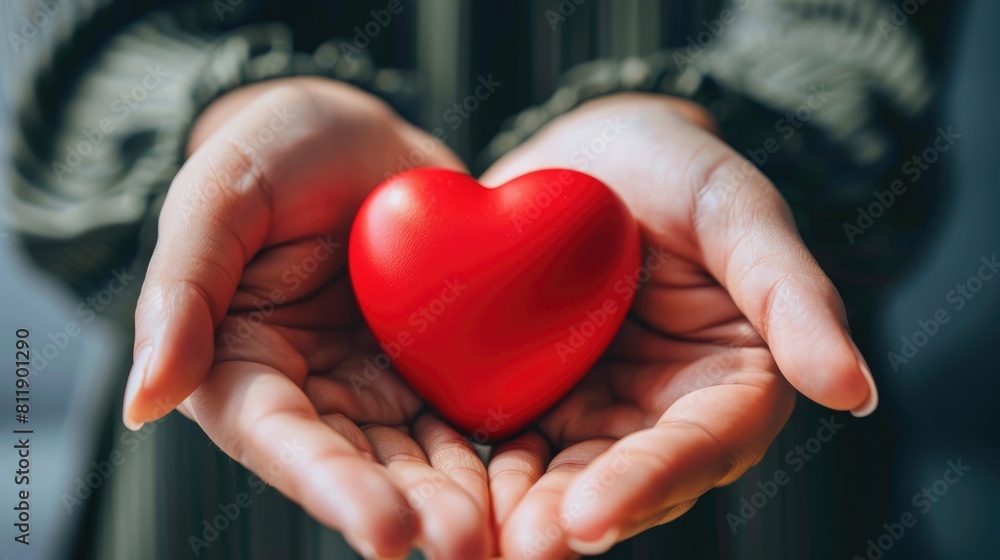 A woman s hands cradle a red heart signifying blood donation embodying the essence of World Blood Donor Day Ample space is available for advertisers to convey their message A woman s hands cradle a red heart signifying blood donation embodying the essence of World Blood Donor Day Ample space is available for advertisers to convey their message