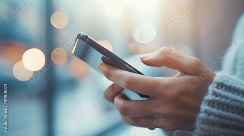 Close-up of a person's hand swiping on a smartphone.  photo