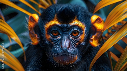 Vibrant Flat Design Primate Portrait in Jungle Watercolor Triadic Color Scheme photo