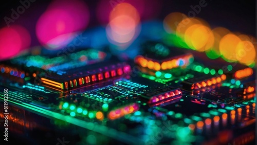 Neon Glow, Macro Shot of Processor or Graphic Card, Illuminated by Vibrant LED Lights