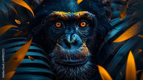 Flat Design Primate in Vibrant Jungle Watercolor Theme Utilizing Triadic Color Scheme