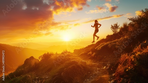 A solitary runner takes on a mountain trail at sunset, embodying the spirit of endurance and the pursuit of personal fitness goals. AIG41 photo