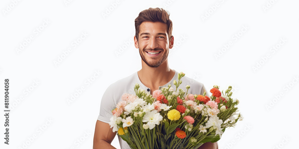 Smiling Man hold bunch of colorful Flowers Smiling Man hold bunch of colorful Flowers