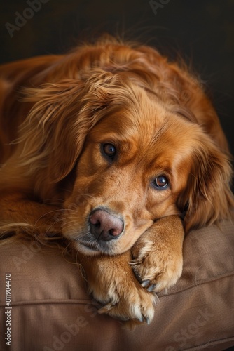 Affectionate Golden Retriever wagging its tail, soft lighting, eyelevel perspective , cinematic