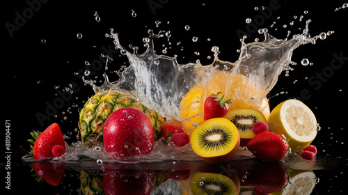 Dynamic Fruit Splash with Pineapple and Red Apple